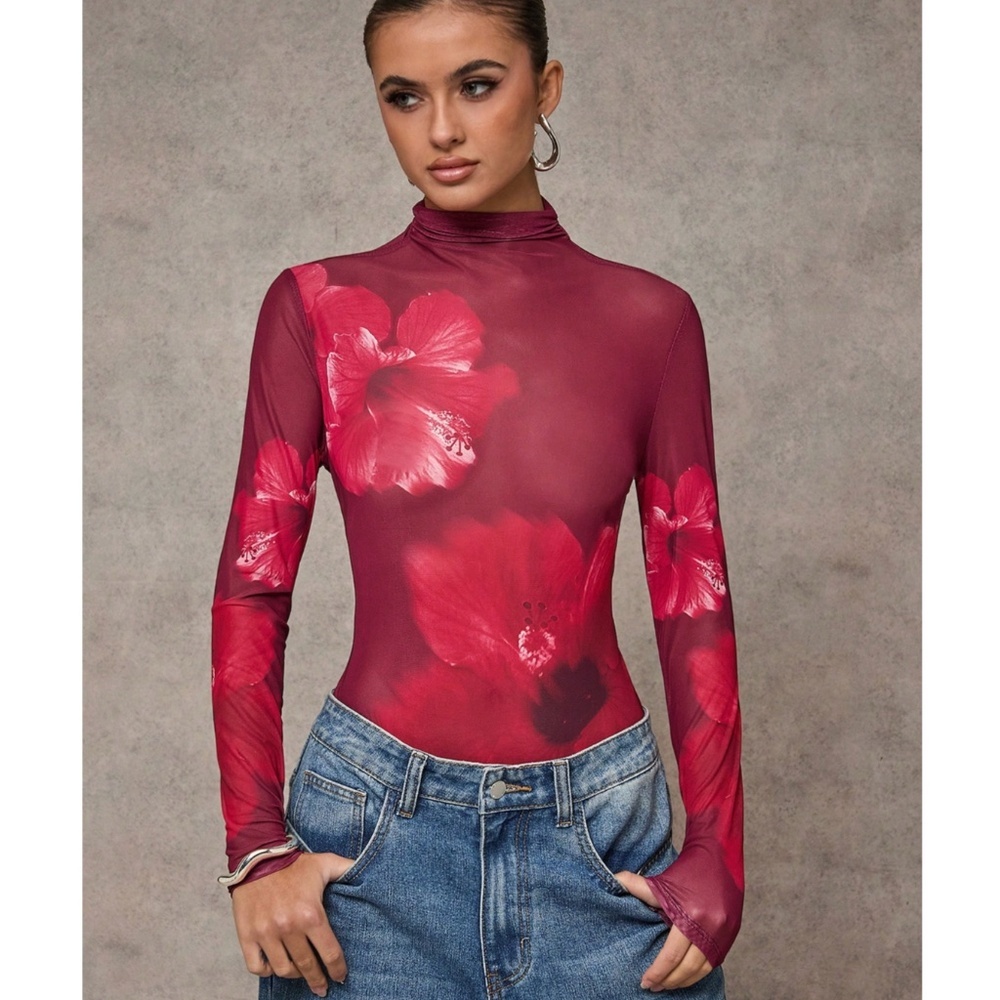 Red Large Floral Print Mesh Sheer Bodysuit Long Sleeve High Neck